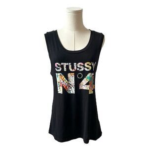 Stussy Vintage Colorful Graphic Number 4 Sleeveless Cotton Logo Tank Top Black S